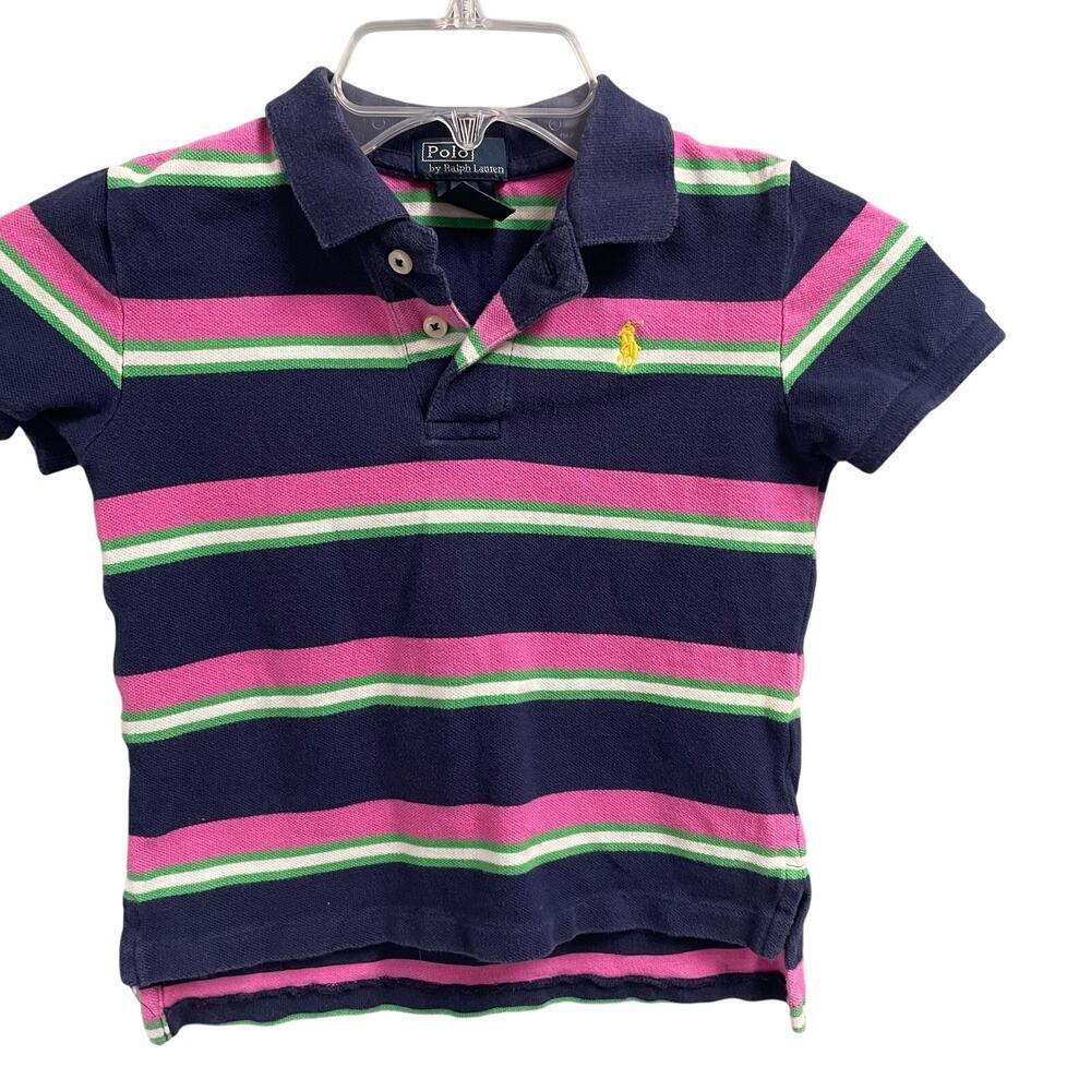 Ralph Lauren Polo Boys Size 4 Navy Pink Green Stripe Preppy Casual Yellow Pony